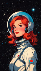 redhead astronaut gazing out at the cosmos, a retro-futuristic illustration against a starry backdro