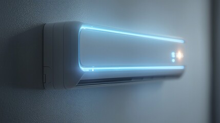 Poster - Modern air conditioner with blue light on wall.