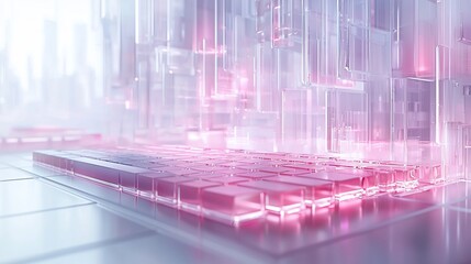 Aufkleber - Futuristic transparent keyboard with pink glowing keys in a digital city.
