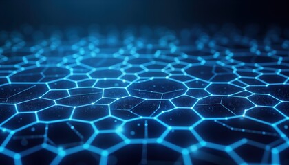 Poster - Futuristic abstract pattern with glowing blue hexagons. Network structure. Modern digital design. Vibrant colors. Dark background. Geometric shapes. Tech illustration. Innovative graphic. Creative