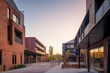 Modern urban architecture displayed in a vibrant neighborhood with contemporary buildings and clear evening sky in the background