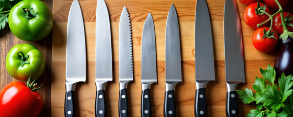 Pro kitchen knives arranged neatly on wooden cutting board. Fresh vegetables like tomatoes, peppers in background. Image shows quality knives for food preparation. Knives sharp, look like stainless