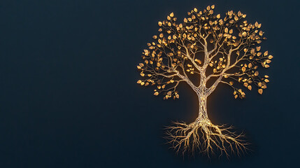 Wall Mural - Glowing tree with intricate roots and luminous leaves against a dark background.