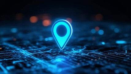 Poster - Glowing navigation icon over digital cityscape with moving lights