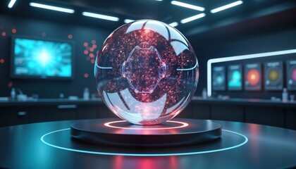 Poster - Futuristic lab displays interactive digital models of quantum entanglement, particle interactions. Modern tech lab with glowing sphere showing particle structures. Digital displays show data related