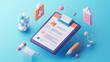 © BerkahStock - 3D illustration of medical checklist, pills, and medical equipment.