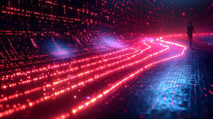 Poster - Solitary Figure Walking Glowing Path in Digital Space
