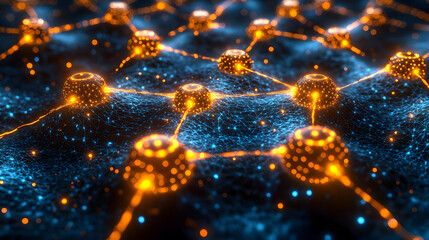 Poster - Abstract digital network with glowing nodes and connections. Futuristic technology background with blue and orange particles.  Digital data communicat