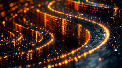 Poster - Abstract digital data flow with orange and black glowing particles and lines. Dynamic futuristic technology background