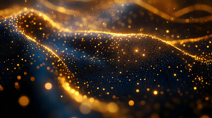 Poster - Abstract Glowing Particle Wave Background with Golden and Blue Hues