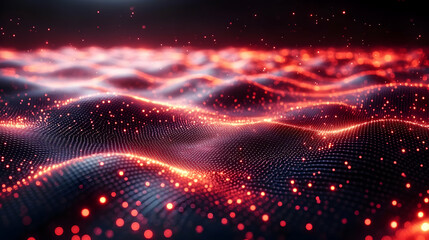 Poster - Abstract Red Glowing Particle Wave Background. Dynamic Energy Flow, Digital Technology Design