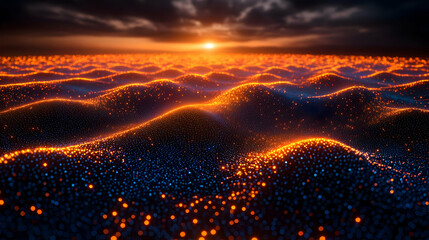 Poster - Fiery Sunset Over a Sparkling, Particle-Filled Ocean