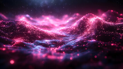 Poster - Glowing Pink and Purple Abstract Landscape with Particle Effects
