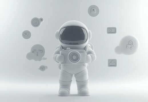 A monochrome astronaut holding a camera, surrounded by digital icons.