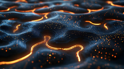 Poster - Abstract Glowing Energy Flow Background: Dark Blue and Orange Texture with Dynamic Lines and Particles