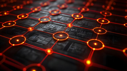 Poster - Abstract Digital Network: Glowing Red Connections on Dark Circuit Board
