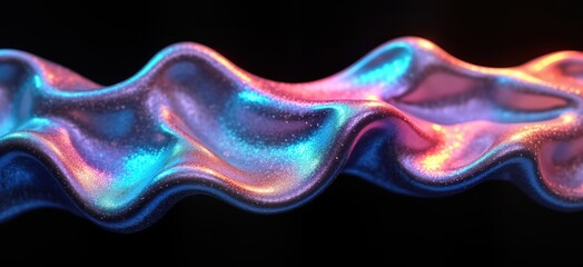 Poster - Abstract holographic liquid shape on black background. Iridescent colors like rainbow spectrum create wavy fluid patterns. Bold colors, liquid effects make modern design. Colorful, dynamic. Graphic