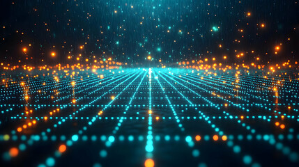 Poster - Abstract digital network background with glowing particles and grid lines creating a futuristic perspective