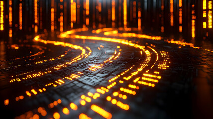 Poster - Glowing Lines Abstract Path in Dark Digital Background. Futuristic Technology Network Concept. 3D Rendering Illustration