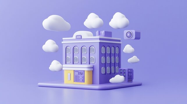 Purple building with clouds and tech elements, 3D render.