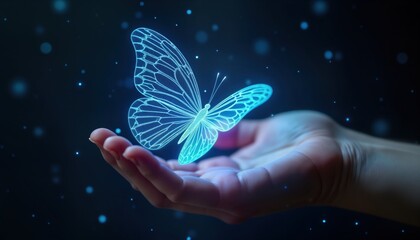 Poster - Hand holds glowing digital butterfly. Futuristic illustration of innovative tech, future possibilities. Hand displays advanced tech Imaginative concept. Closeup view. Beautiful, glowing design.