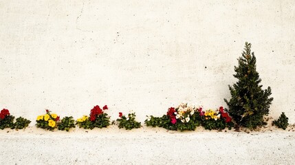 Colorful flowers and small tree against textured wall.  Garden landscaping design