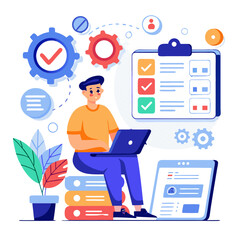Poster - A software tester is focused on reviewing code and reports using a laptop. Gears and charts illustrate the process, highlighting a collaborative work environment filled with digital tools