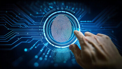 Poster - Stunning abstract image of a finger scanning a futuristic fingerprint interface.  Perfect for illustrating concepts of security, technology, authentication, and digital identity.