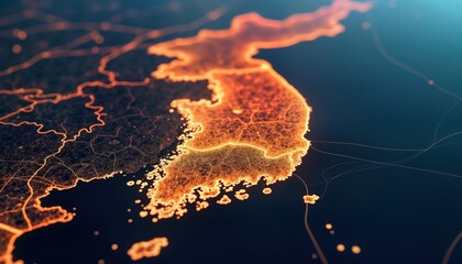 Poster - Korea highlighted on world map. Detailed network of connections. Digital representation of global geography. Vivid colors, bright illumination show tech connectivity, tech innovation. Visualizes