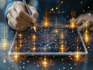 Poster - Closeup of hands using a stylus on a tablet, showcasing a futuristic, interconnected network of glowing nodes and lines.