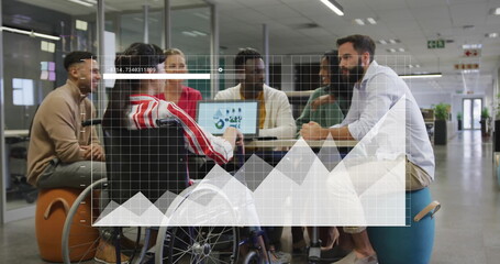 Poster - Image of chart processing data over diverse colleagues talking at casual office meeting