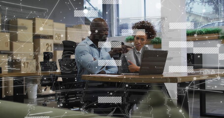 Poster - Image of network of connections over diverse business people in office