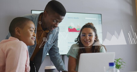 Poster - Image of financial data processing over diverse business people in office
