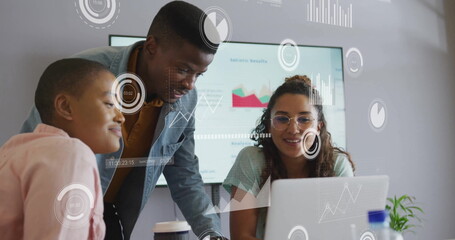 Poster - Image of financial data processing over diverse business people in office
