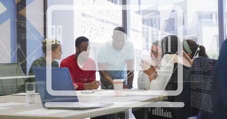 Poster - Image of financial data processing over diverse business people in office