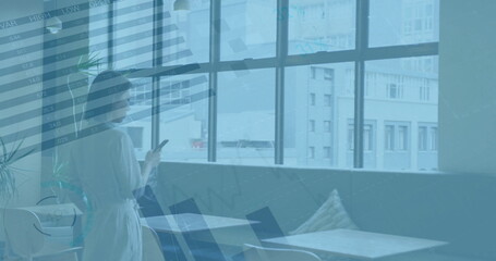 Poster - Image of financial data processing over asian businesswoman using smartphone in office