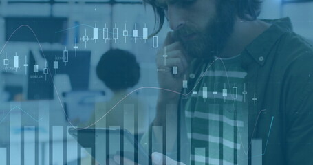 Poster - Image of financial data processing over caucasian businessman using tablet in office