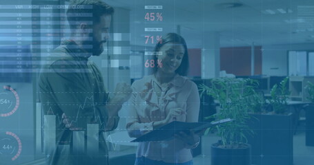 Poster - Image of financial data processing over diverse colleagues discussing work in office