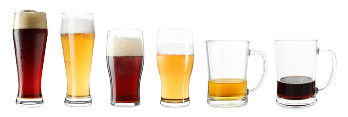 Wall Mural - Different types of beer in glasses isolated on white, set