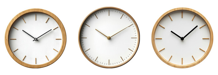 Three wooden wall clocks isolated on a transparent background for design