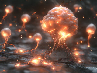 Poster - stunning 3d render of glowing brainlike forms emerging from a dark, textured surface.