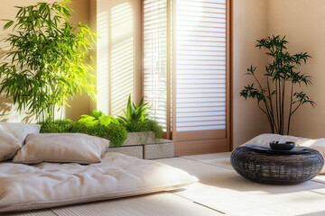 Wall Mural - serene Japanese interior featuring tatami floor, lush greenery, and natural light. space includes cushions and low table, creating tranquil atmosphere