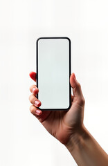 Poster - Hand holds smartphone. Empty screen shows copy space. Modern tech device. Minimalist style. Blank display. Mobile phone mockup on white background. Image for tech advertisement app design. Product