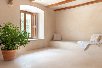 Wall Mural - serene interior of historic Italian monastery room featuring minimalist decor, natural light streaming through wooden windows, and potted plant adding touch of greenery