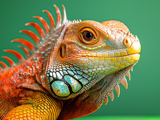 vivid orange iguana portrait against green background