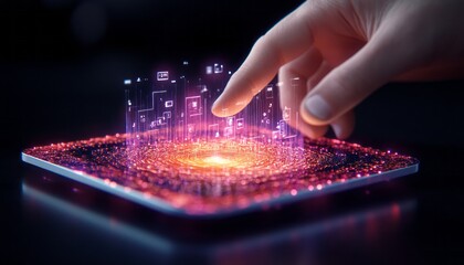 Poster - A hand reaches out to engage with a luminous, swirling holographic display in a dark setting