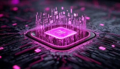 Poster - A microchip at the center of a circuit board emits bright pink data streams into the air