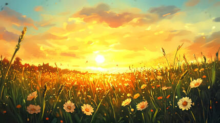 Wall Mural - Spring sunset paints a vibrant meadow with golden light, tranquil nature's beauty. Golden Meadow. Illustration