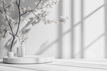 Fototapete - Wall interior background, studio and backdrops show products. With shadow from window color white and grey.
