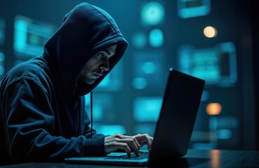 Poster - Man in hoodie uses laptop in dark tech background. Focus on cybercrime scene. Possible online scam phishing. Looks like hacker thief. Dark, blurry tech background. Person looks focused on computer.